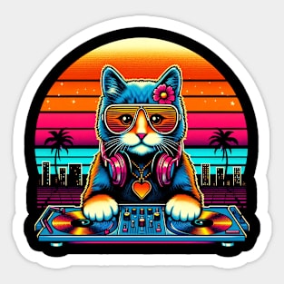 House DJ Cat 80s 90s Kitten Sunset Rainbow DJ Cat Kitty Sticker